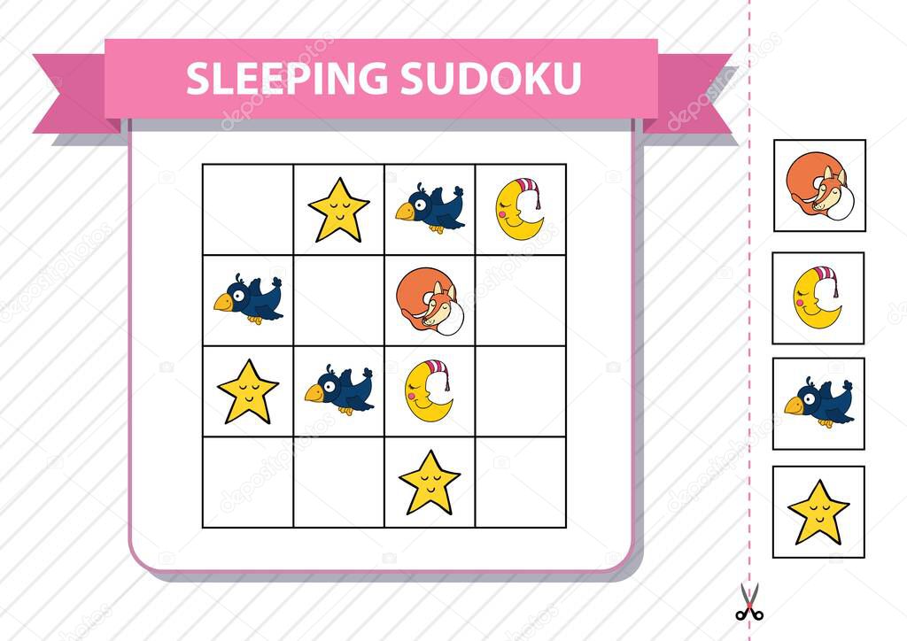 Printable sudoku game for children with pictures. Kids activity sheet. Training logic, educational game. Fox, crow crescent. Vector