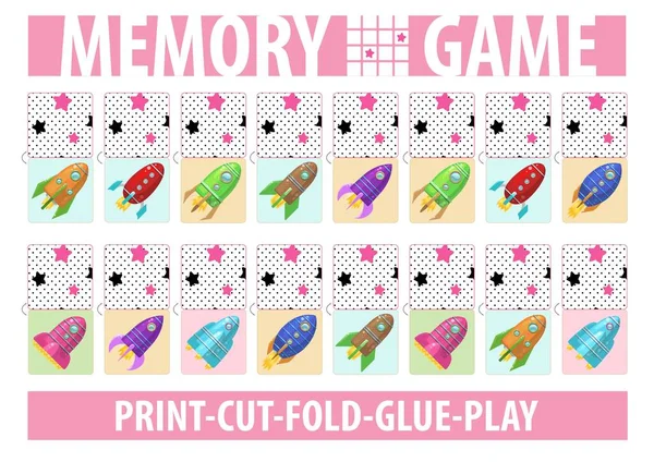 Kartenset Für Memory Spiel Mit Cartoon Raketen Drucken Schneiden Falten — Stockvektor