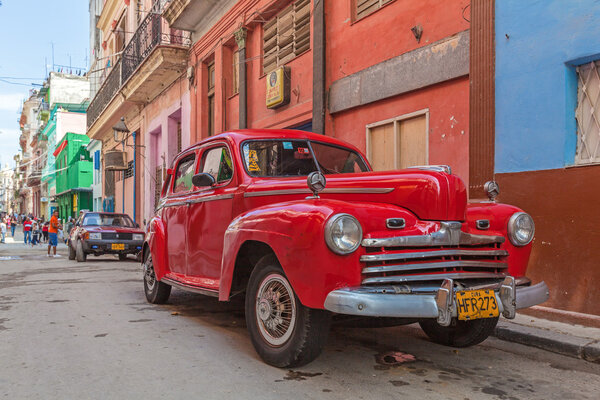 HAVANA, CUBA - APRIL 1, 2012: Red Ford vintage car 