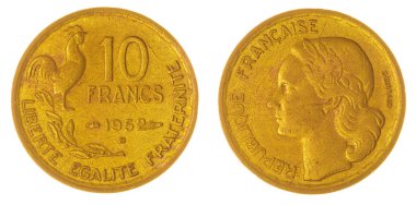 Beyaz arka plan üzerinde Fransa izole 10 Frank 1952 sikke 