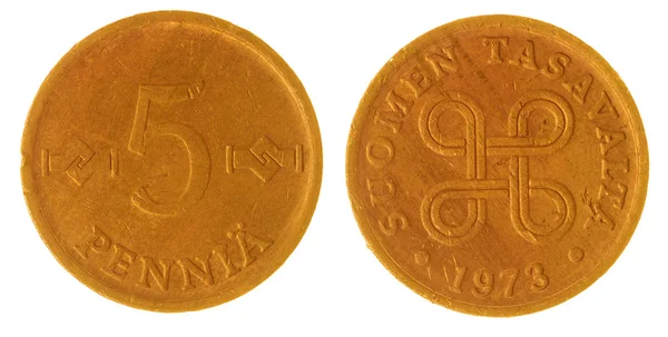 5 pennia 1973 munt geïsoleerd op een witte achtergrond, Finland — Stockfoto