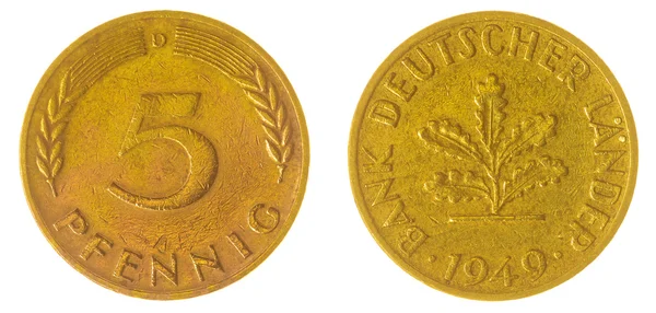 5 pfennig 1949 munt geïsoleerd op een witte achtergrond, West-Duitsland — Stockfoto