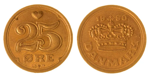Moneta da 25 ore 1990 isolata su sfondo bianco, Danimarca — Foto Stock
