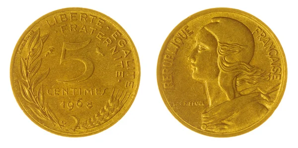 5 centiemen 1968 munt geïsoleerd op een witte achtergrond, Frankrijk — Stockfoto