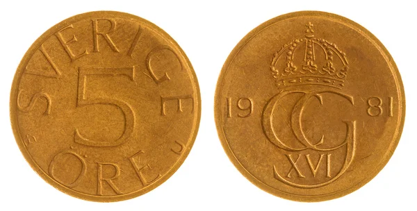 5 erts 1981 munt geïsoleerd op een witte achtergrond, Zweden — Stockfoto