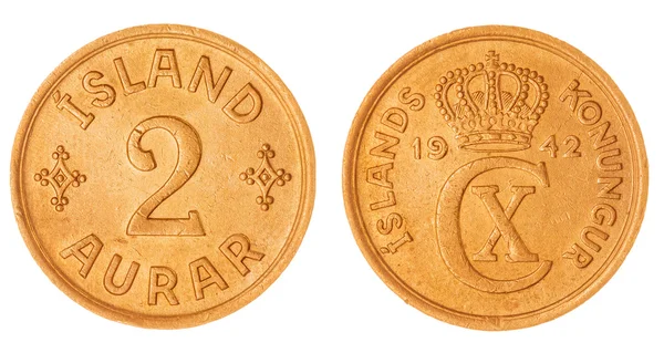 2 aurar 1942 moneta isolata su sfondo bianco, Islanda — Foto Stock