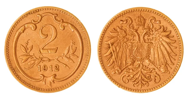 2 heller 1912 moneta na białym tle na białym tle, Austria — Zdjęcie stockowe
