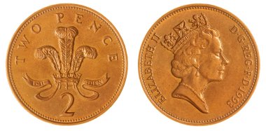 Beyaz arka plan üzerinde Büyük Britanya'nın izole 2 peni 1993 sikke 