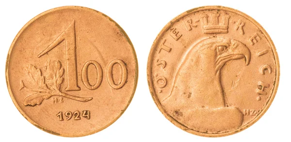 100 kronen 1924 moneta na białym tle na białym tle, Austria — Zdjęcie stockowe