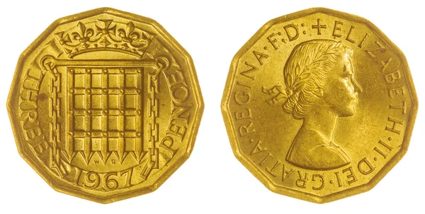 3 пенсів 1967 монета ізольовані на білому тлі, Великобританія — стокове фото