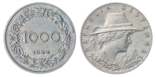 白い背景に、オーストリアに分離された 1000年クローネン 1924年コイン — ストック写真