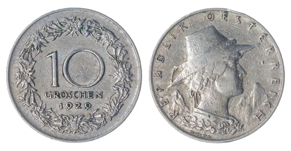 白い背景に、オーストリアに分離された 10 ・ グロシュ 1929 コイン — ストック写真
