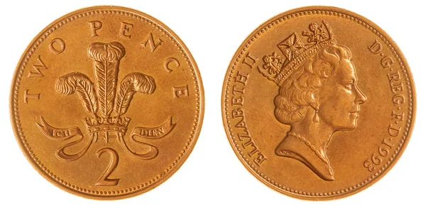 Κέρμα 2 πένες 1993 που απομονώνονται σε λευκό φόντο, μεγάλη Βρετανία — Φωτογραφία Αρχείου