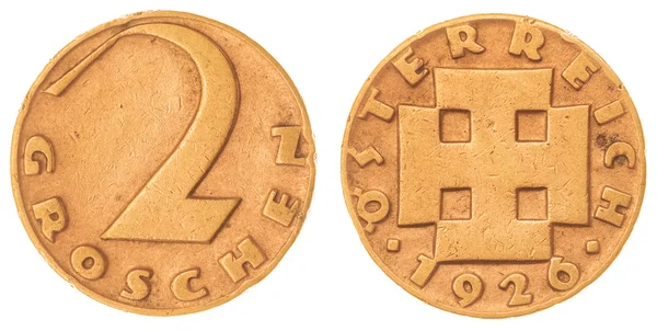 2 гріш 1926 монета ізольовані на білому тлі, Австрія — стокове фото