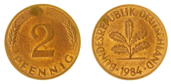 Beyaz arka plan üzerinde Almanya izole 2 pfennig 1984 sikke — Stok fotoğraf