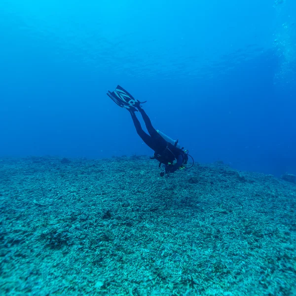 Diver uomo andando in profondità — Foto Stock