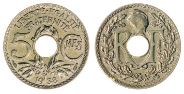 5 centimes 1938 sikke beyaz arka plan, Fransa izole 