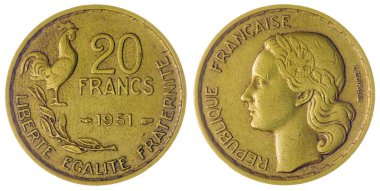 20 frank 1951 sikke beyaz arka plan, Fransa izole 