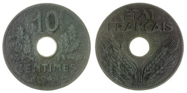 10 centimes 1944 sikke beyaz arka plan, Fransa izole 
