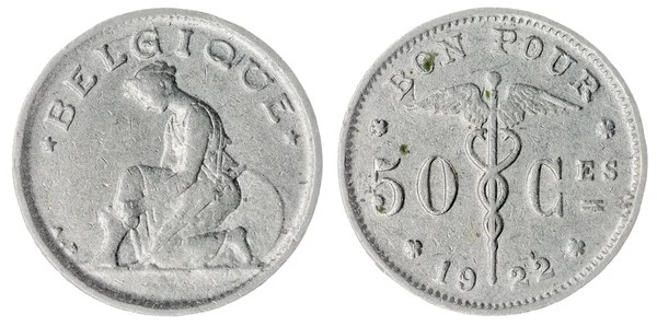 50 centimes 1922 moneta na białym tle, Belgia — Zdjęcie stockowe