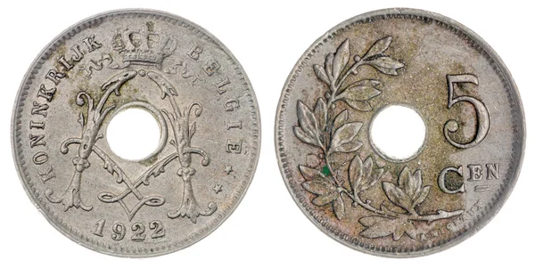 5 centimes 1922 munt geïsoleerd op witte achtergrond, België — Stockfoto