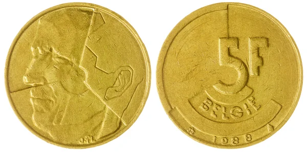 5 francs 1988 munt geïsoleerd op witte achtergrond, België — Stockfoto