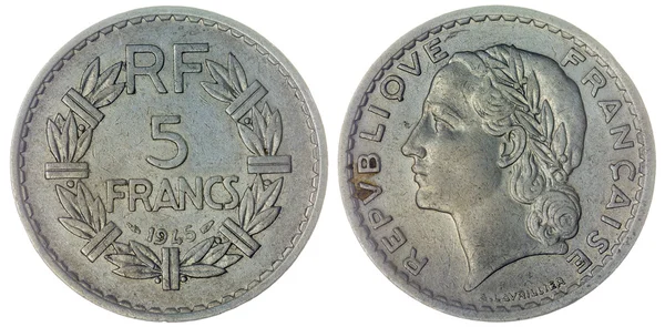 5 франків 1945 монета, ізольований на білому фоні, Франція — стокове фото