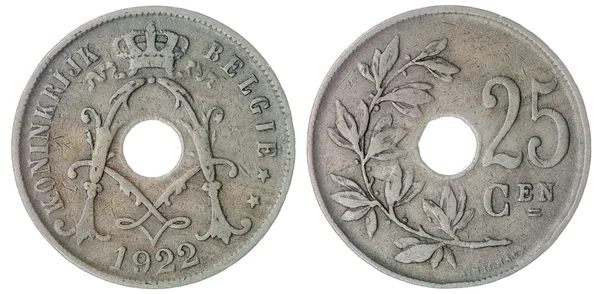 Moneta da 25 centime 1922 isolata su sfondo bianco, Belgio — Foto Stock