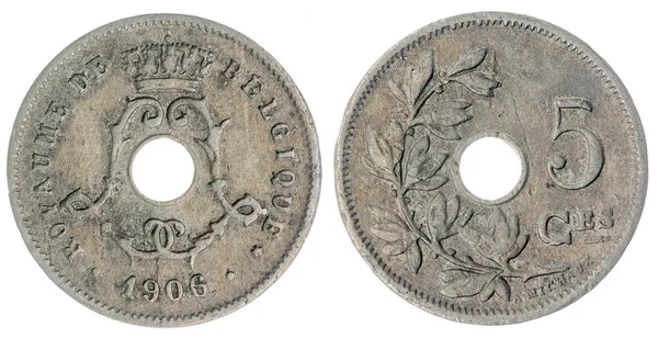 5 centimes 1906 munt geïsoleerd op witte achtergrond, België — Stockfoto