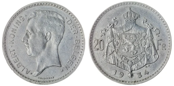 20法郎1934年硬币孤立在白色背景，比利时 — 图库照片