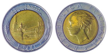 500 liret 1985 sikke beyaz arka plan, İtalya izole 