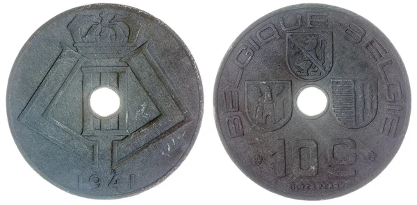Moneta da 10 centime 1941 isolata su sfondo bianco, Belgio — Foto Stock