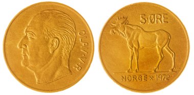 Beyaz arka plan üzerinde Norveç izole 5 cevheri 1972 sikke 