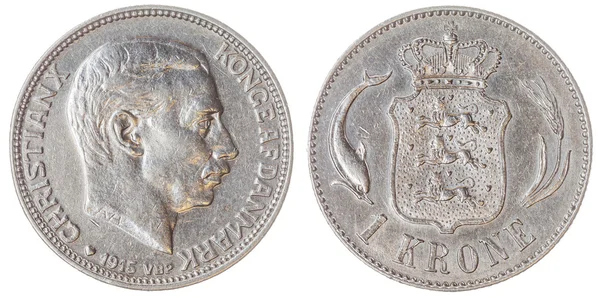 白い背景に、デンマークに分離された 1 クローネ 1915 コイン — ストック写真