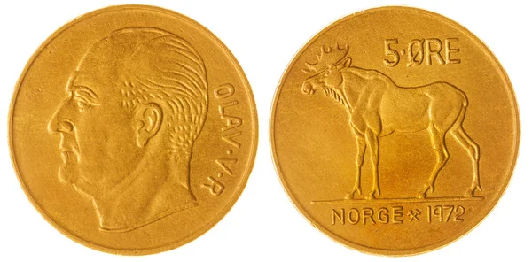 5 ore 1972 moneta na białym tle na białym tle, Norwegia — Zdjęcie stockowe