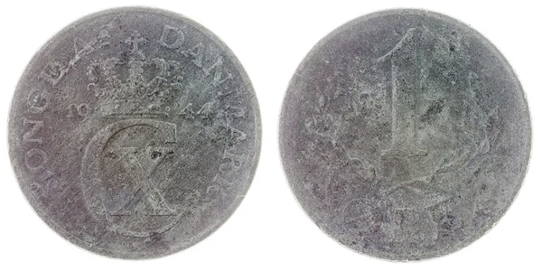1 erts 1944 munt geïsoleerd op een witte achtergrond, Denemarken — Stockfoto
