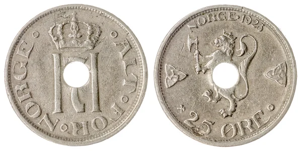 25 erts 1923 munt geïsoleerd op een witte achtergrond, Noorwegen — Stockfoto
