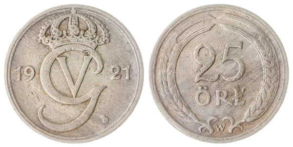 25 руди 1921 монета ізольовані на білому тлі, Швеція — стокове фото