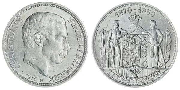 2 kroon 1930 munt geïsoleerd op een witte achtergrond, Denemarken — Stockfoto