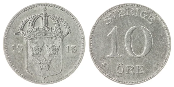 10 erts 1913 munt geïsoleerd op een witte achtergrond, Zweden — Stockfoto