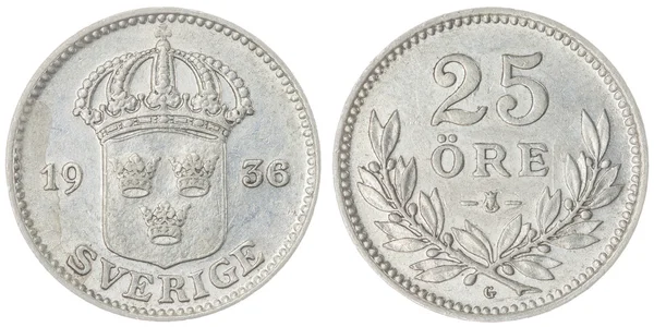 25 erts 1936 munt geïsoleerd op een witte achtergrond, Zweden — Stockfoto