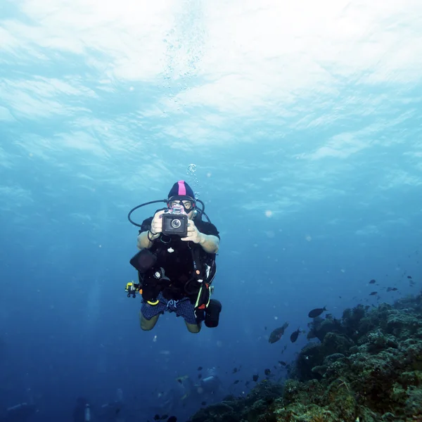 Corals and Scuba Diver with Photo — Stock Photo, Image