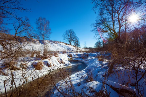 Lesní řeka se sněhem v předjaří — Stock fotografie