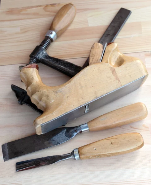 Carpenter Tools Planes, G-clamp and Chisels — Stock Photo, Image