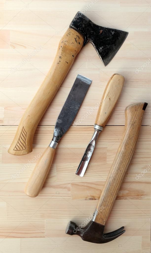 Carpenter Tools Axe, Hammer and Chisels Stock Photo by ©Rostislavv