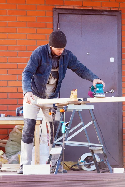 Carpenter Working Polishing Machine — Stock Photo, Image