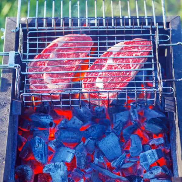 Two Ribeye Steaks Barbecue Cooking — Stock Photo, Image