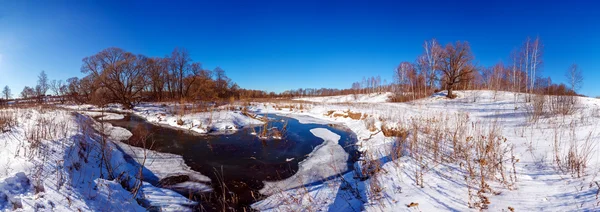 Szeroka Panorama pejzaż zimowy z lasu i rzeki — Zdjęcie stockowe