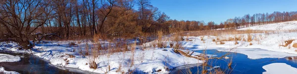 Széles panoráma téli táj, erdő és a folyó — Stock Fotó