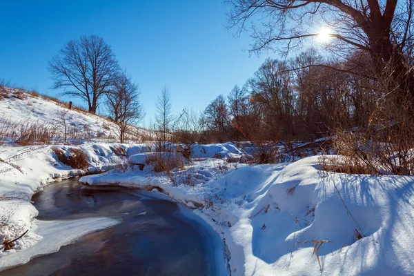 Winterlandschap met bos en rivier — Stockfoto